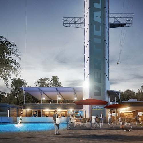 户外场景中有一个高高的“垂直”标志，人们在桌边用餐，旁边是一个带绳索秋千的游泳池，还有一个手持冲浪板的男人。