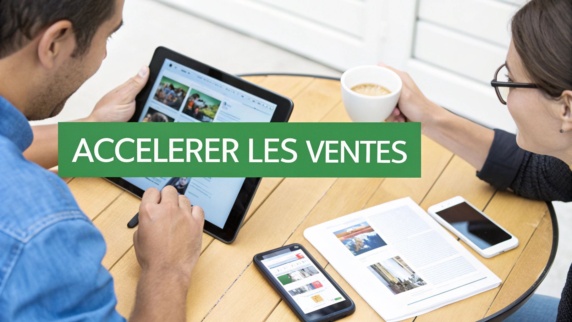 Deux personnes interagissent avec des appareils numériques à une table, avec le message 