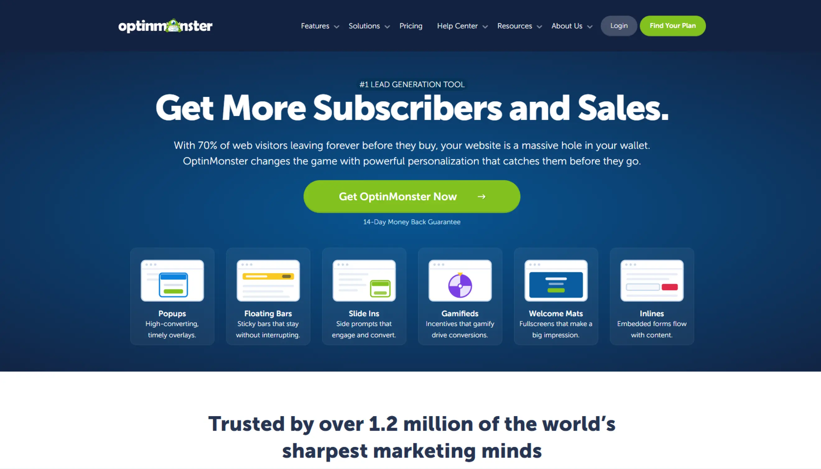 OptinMonster website hero section featuring the headline “Get more subscribers and sales”
