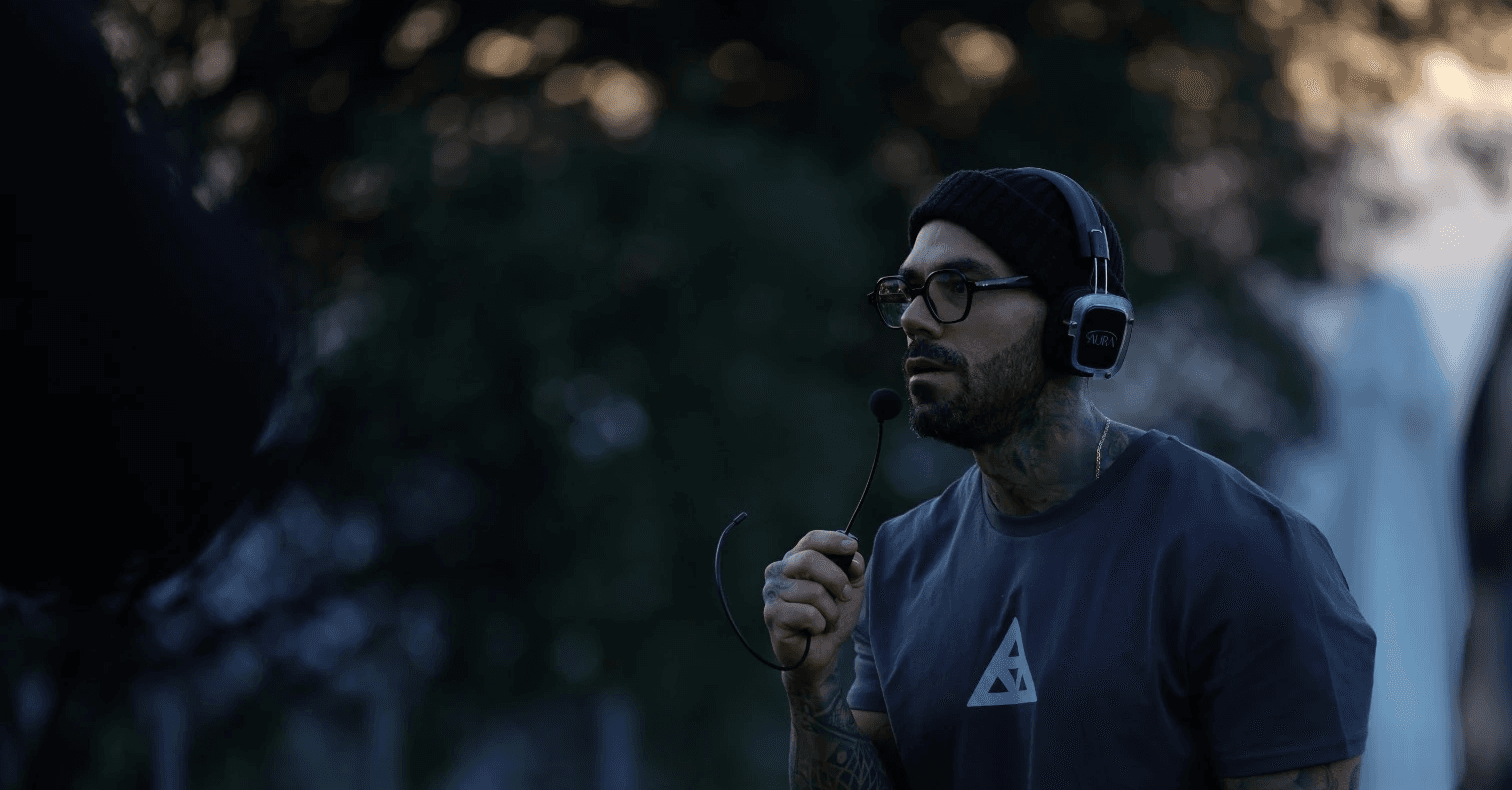 Drone shot of a running track at night