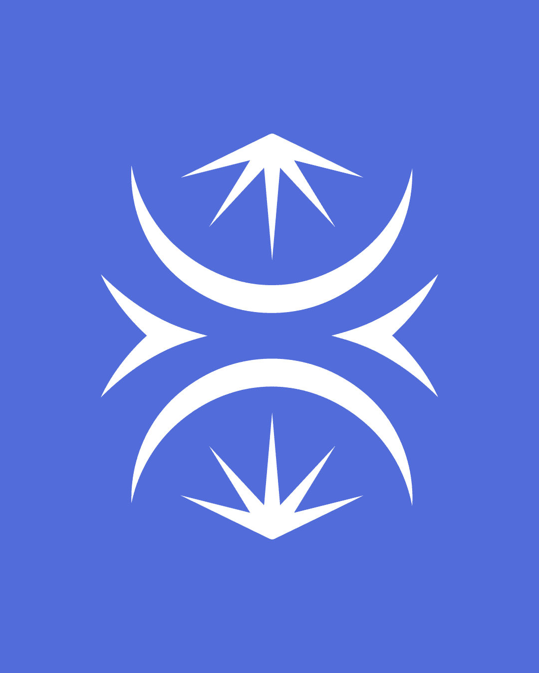 Beyond The Looking Glass logomark — white crescent and arrow symbol on cobalt blue, logo design for surrealist art exhibition