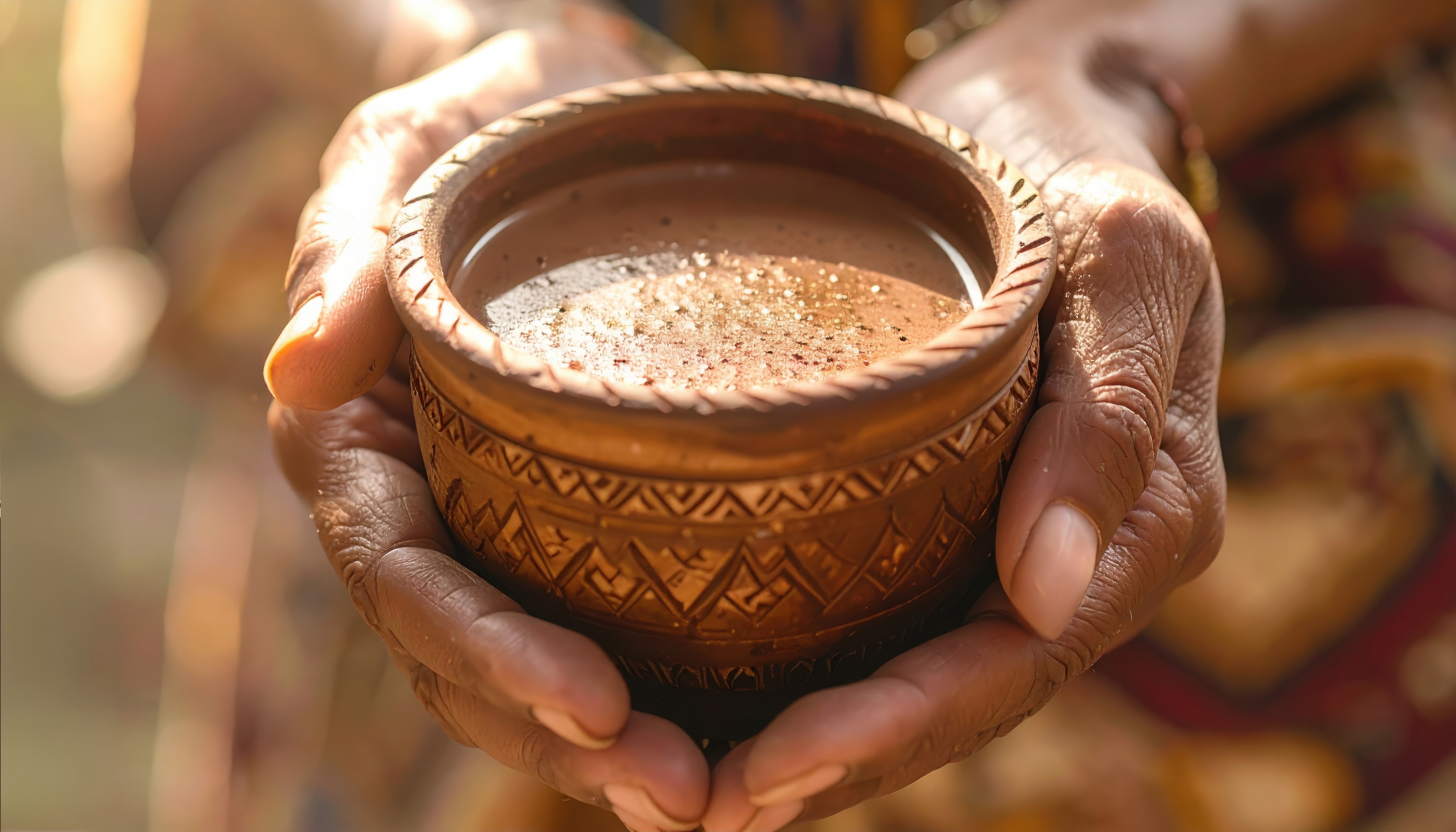 cup of ceremonial cacao drink in hands