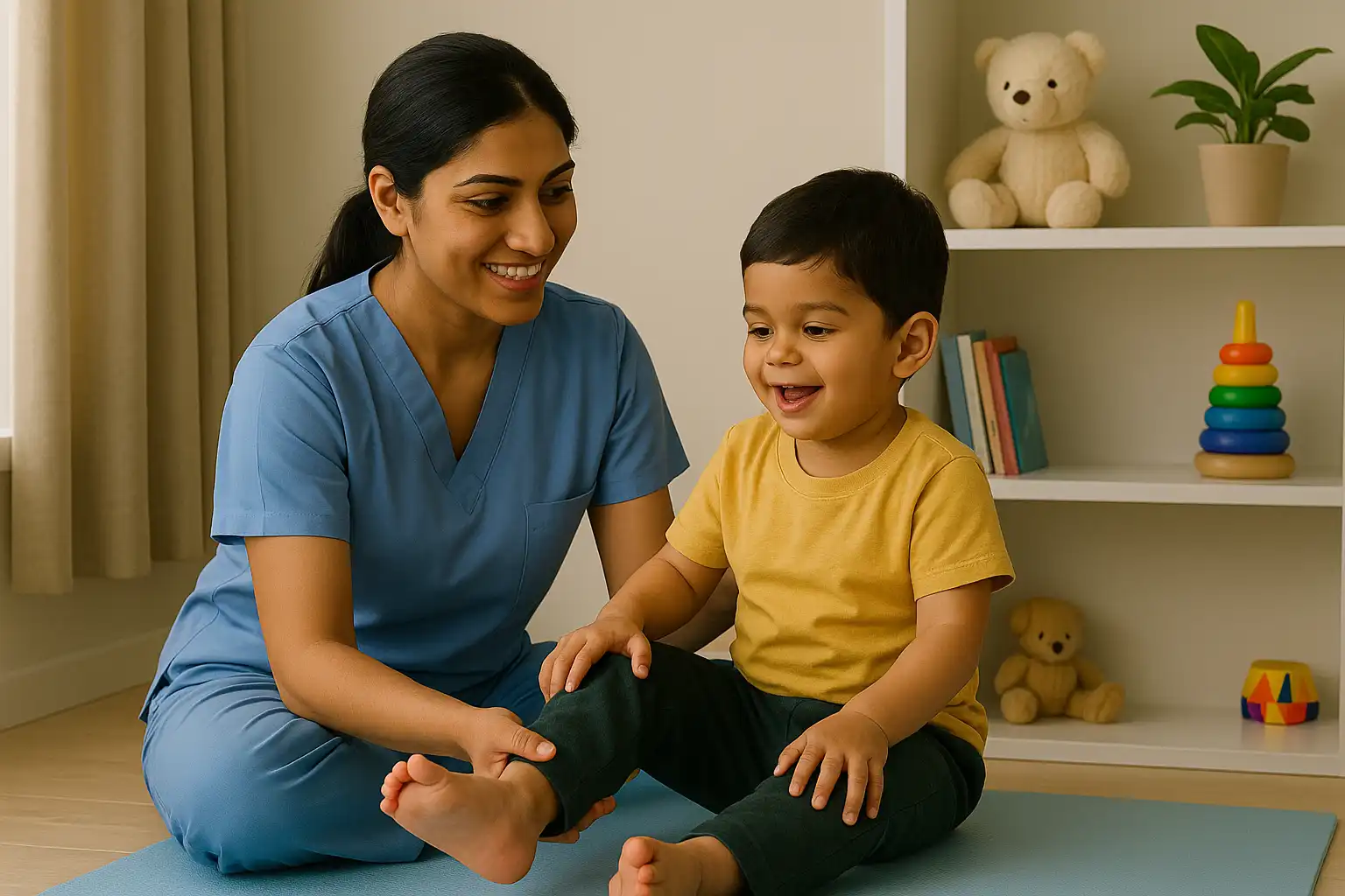 Physiotherapist helping a young child with cerebral palsy practice leg movement and motor coordination during pediatric physiotherapy.