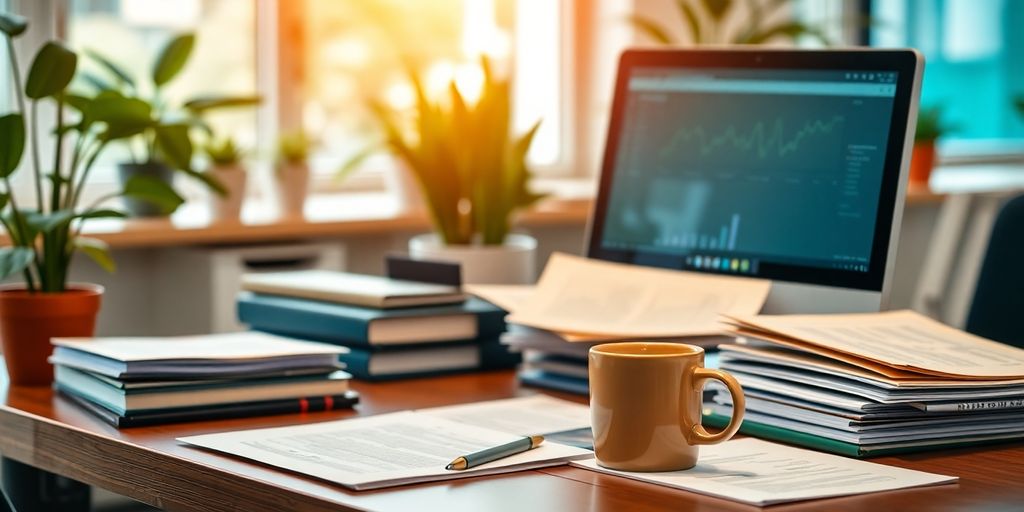 Ein organisierter Arbeitsplatz mit Computer und Dokumenten.