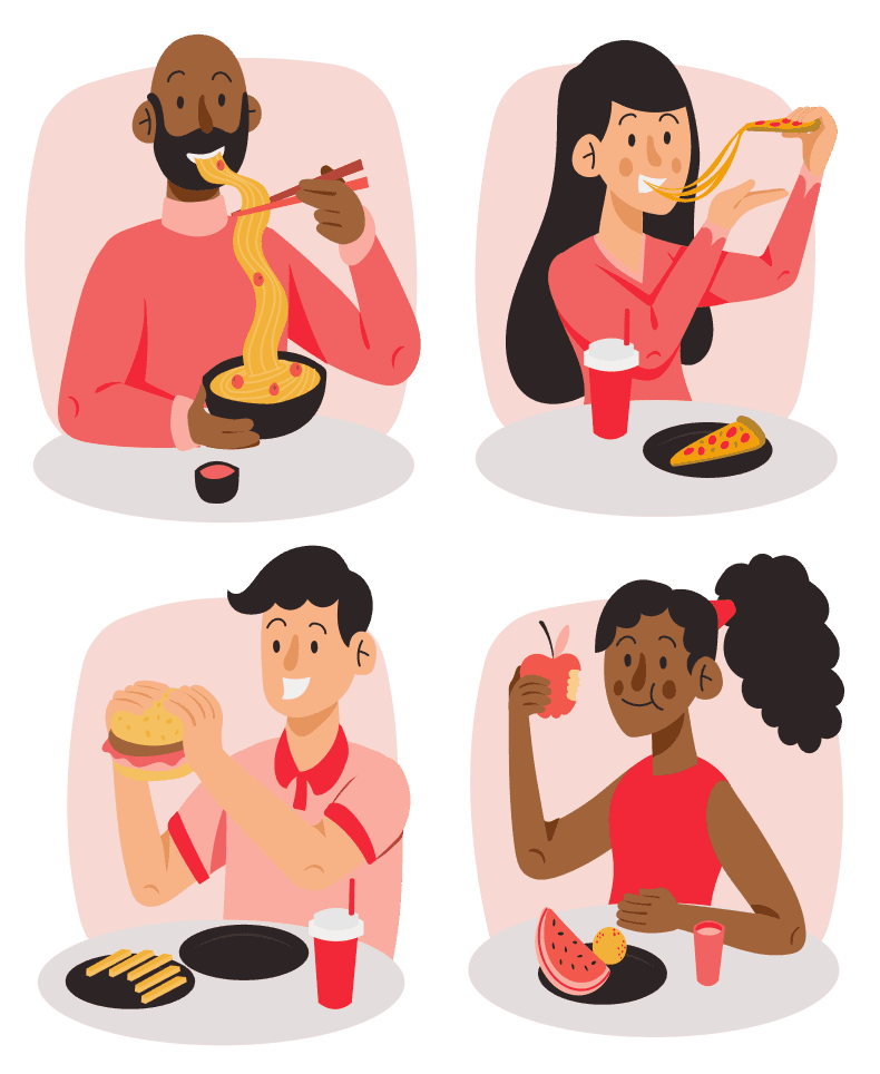 Ilustração de quatro pessoas comendo diferentes pratos: macarrão, pizza, hambúrguer e salada de frutas.