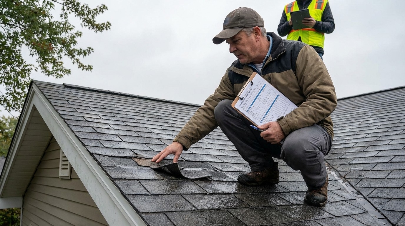 Roof insurance claim process with homeowner documenting storm damage