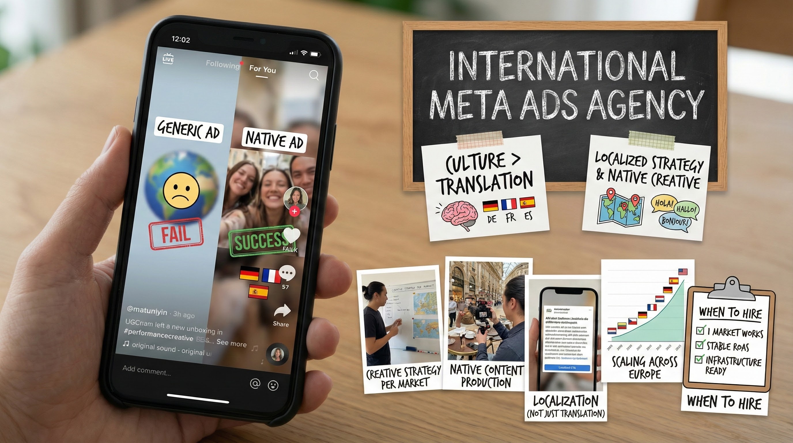 International Meta ads agency visualization showing native creative strategy and localization for scaling across Europe.