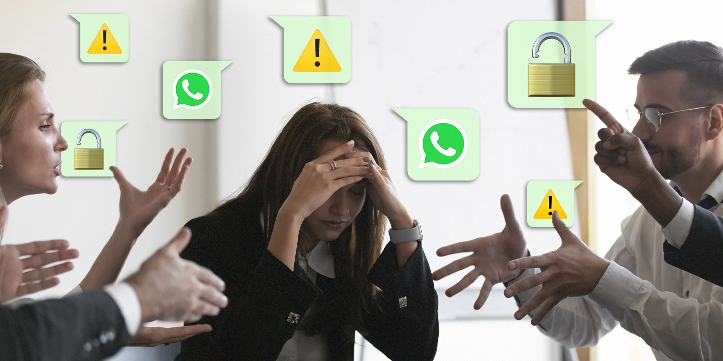 Profissionais em conflito em uma sala de reunião, com ícones de alerta, cadeados abertos e WhatsApp, representando problemas de gestão no uso corporativo do aplicativo