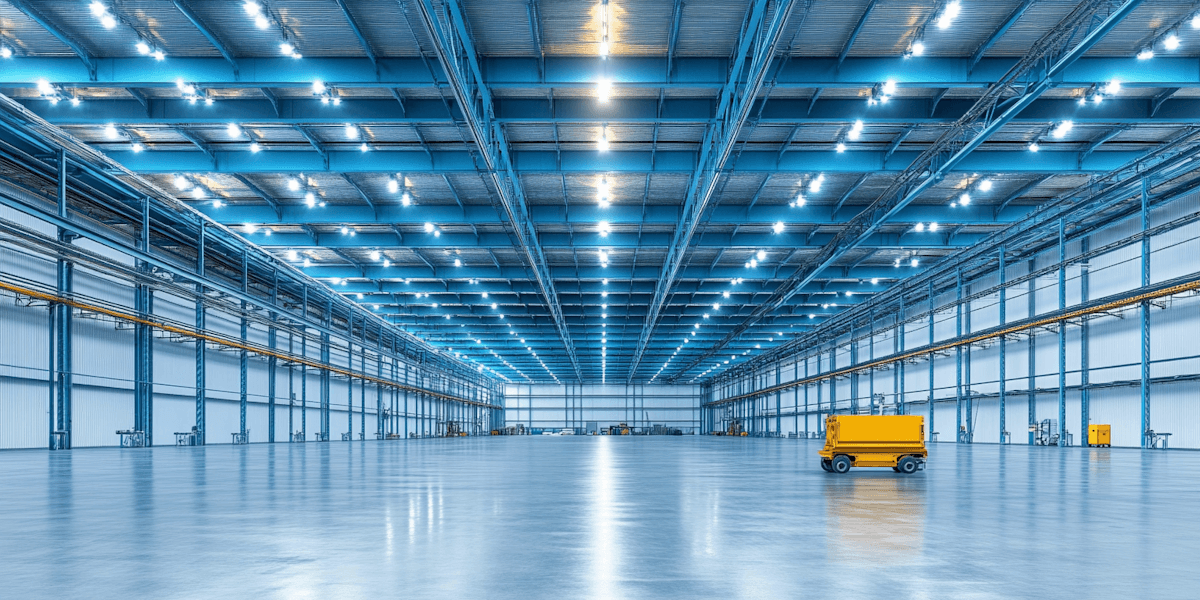 A vast, well-lit industrial warehouse with a polished concrete floor, rows of blue metal beams on the ceiling, and a single yellow forklift in the center, showcasing modern logistics and storage solutions.