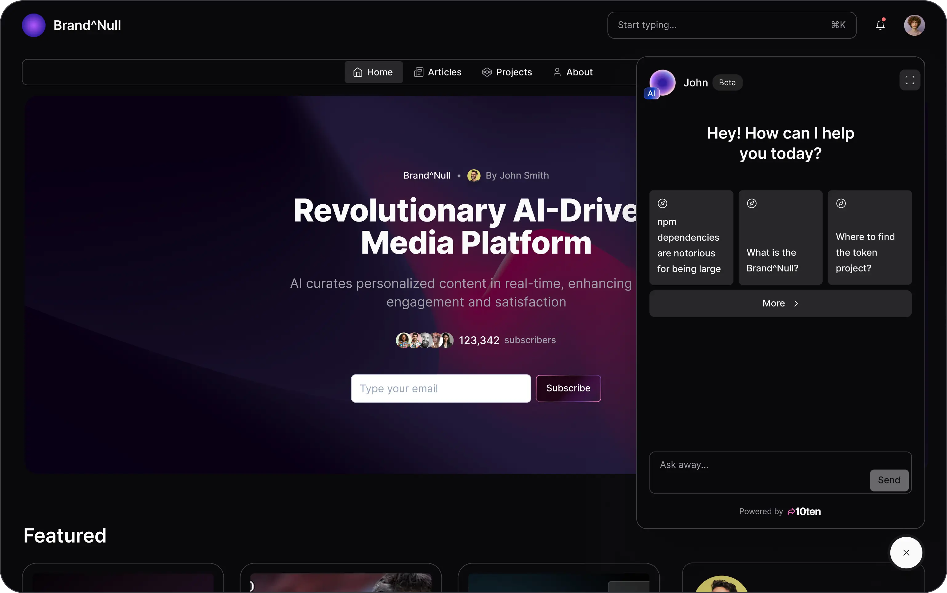 10ten.io App. Brand Null project page with opened AI assistent