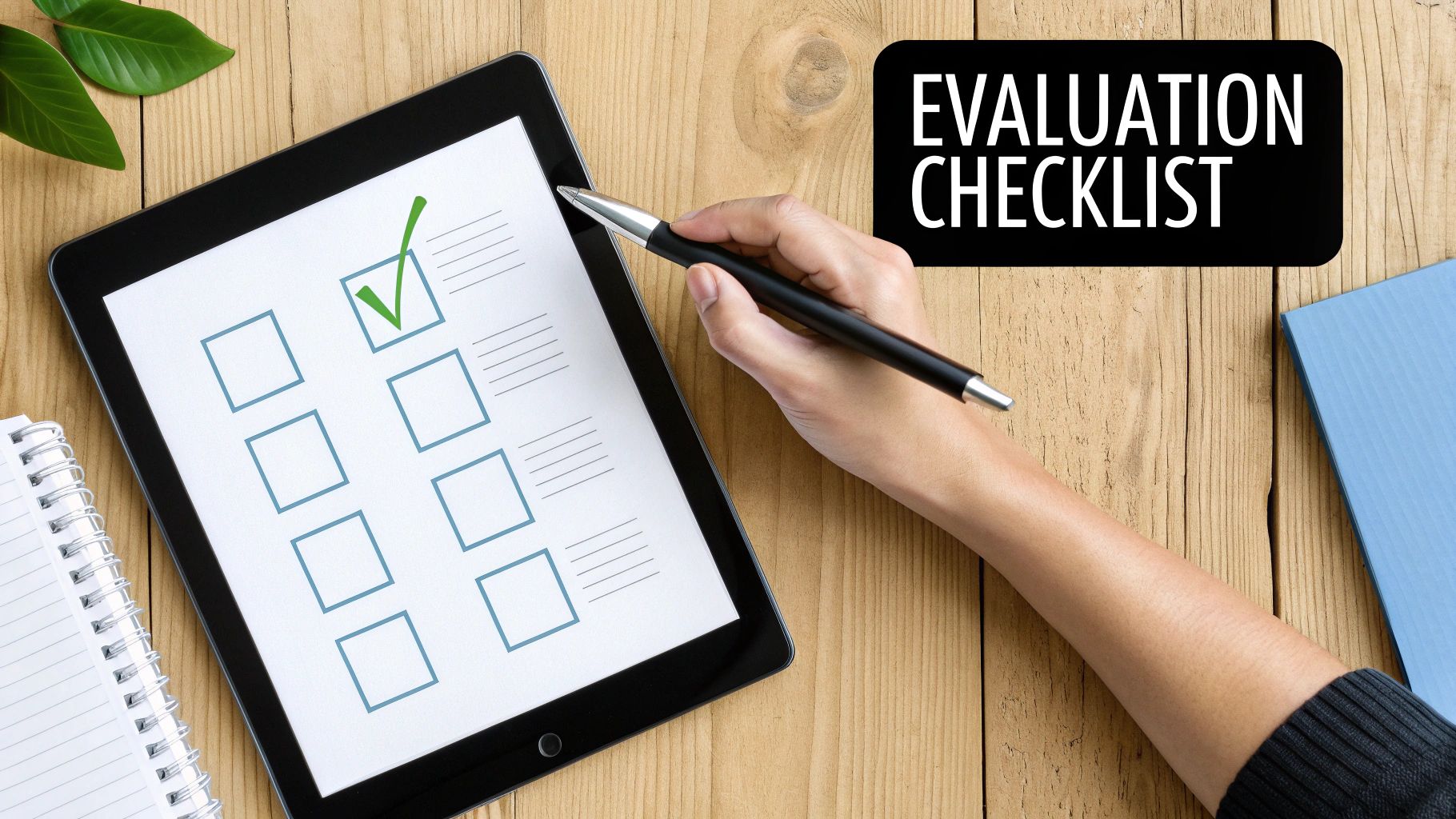 Hand holding pen over tablet displaying evaluation checklist with checkboxes on wooden desk
