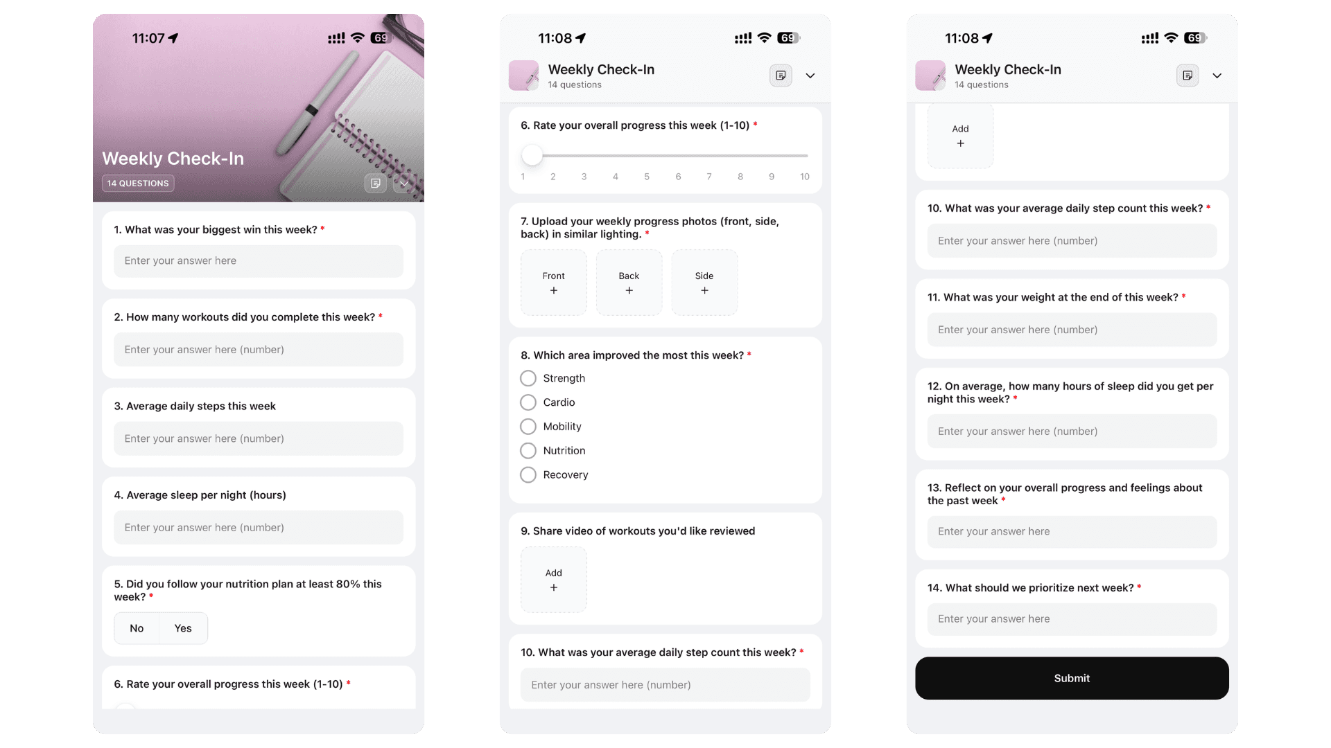 weekly check-in - hubfit client app