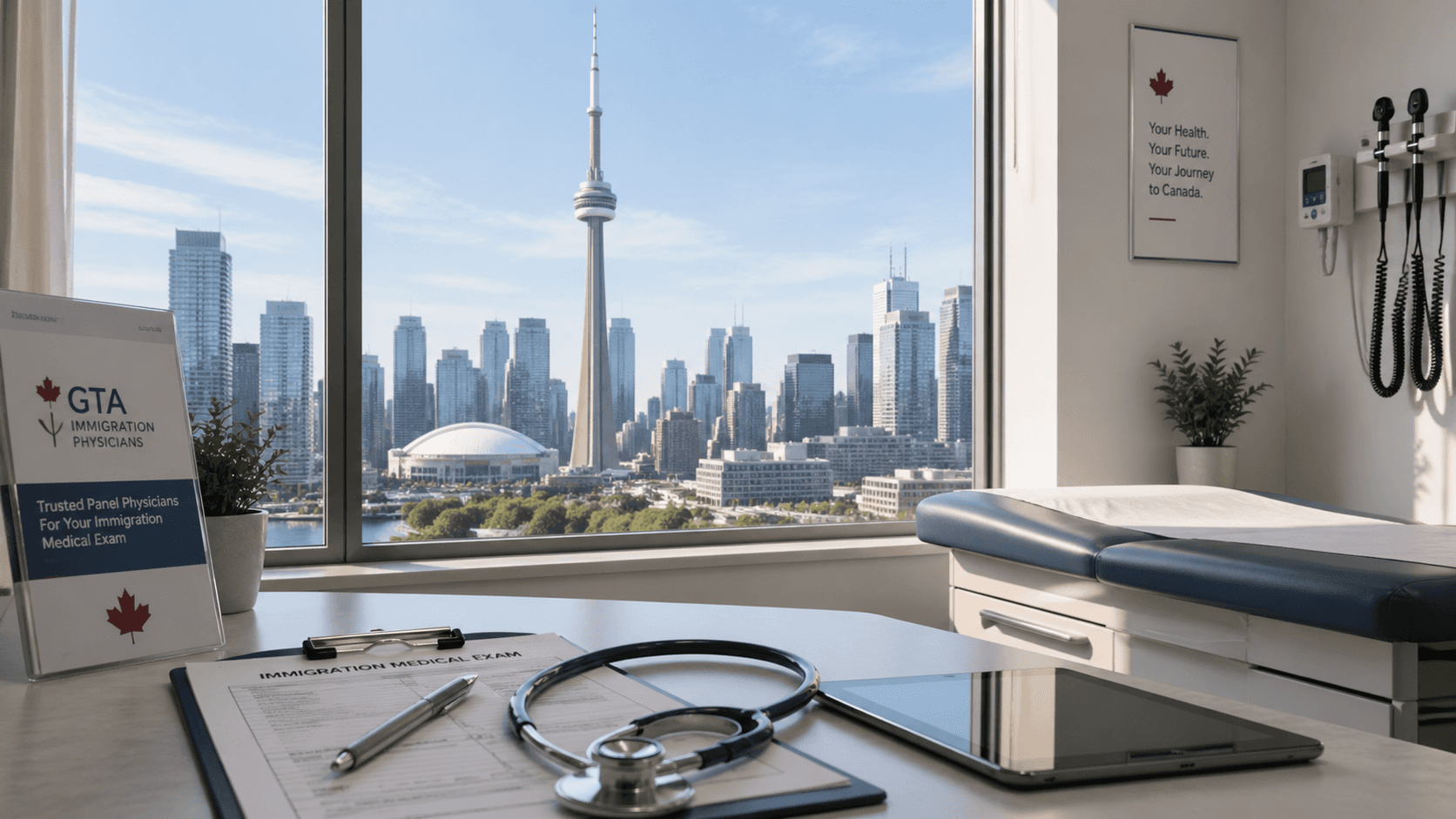 Toronto skyline with CN Tower viewed from a clinic during an immigration medical exam, representing a panel physician setting at GTA Immigration Physicians for an immigration medical exam in Toronto
