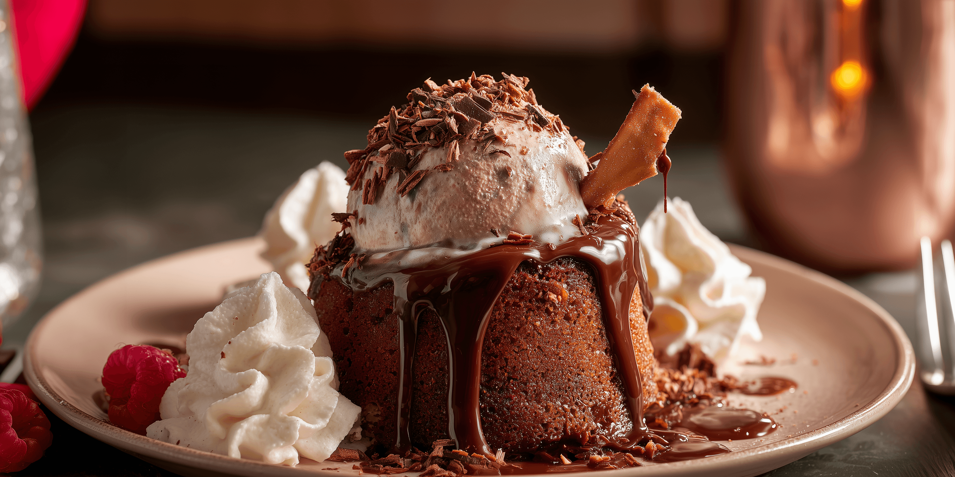 Rich chocolate lava cake topped with creamy ice cream, chocolate shavings, and whipped cream, served as a signature modern Indian dessert at Dhoom.
