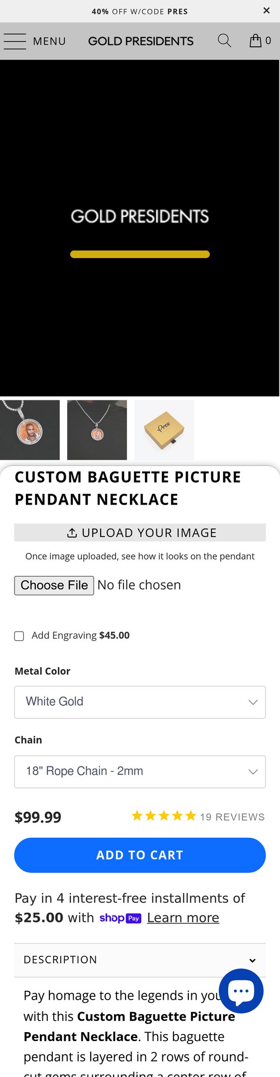 Jewelry product options include: necklace, pendant, chain for Custom Baguette Picture Pendant Necklace from Pres.