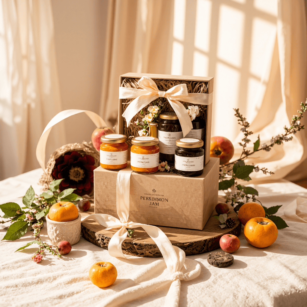 product photography of a box of persimmon jam