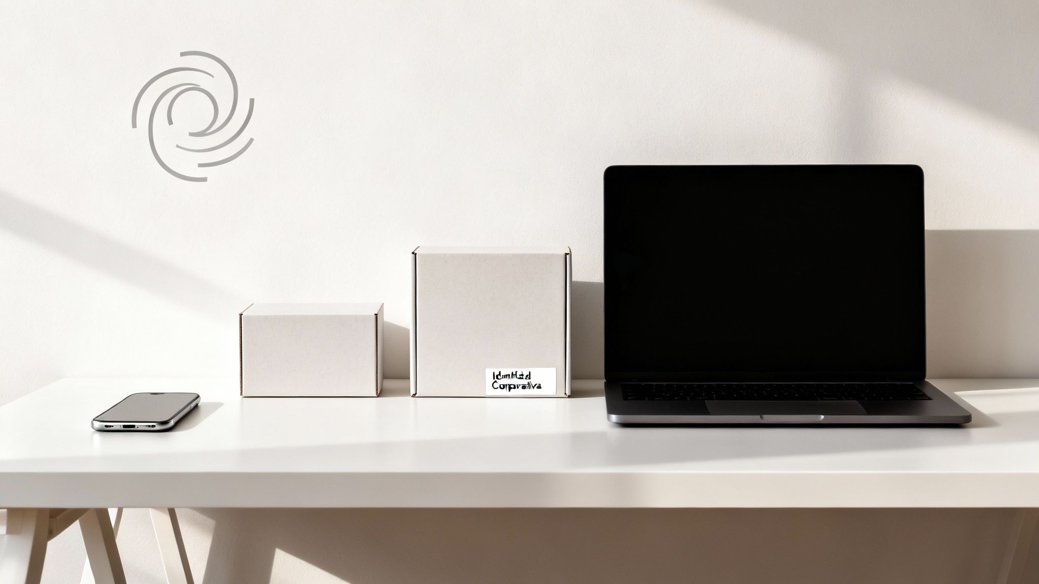 Un escritorio minimalista con portátil, dos cajas blancas, un smartphone y un logo de Identidad Corporativa en la pared.