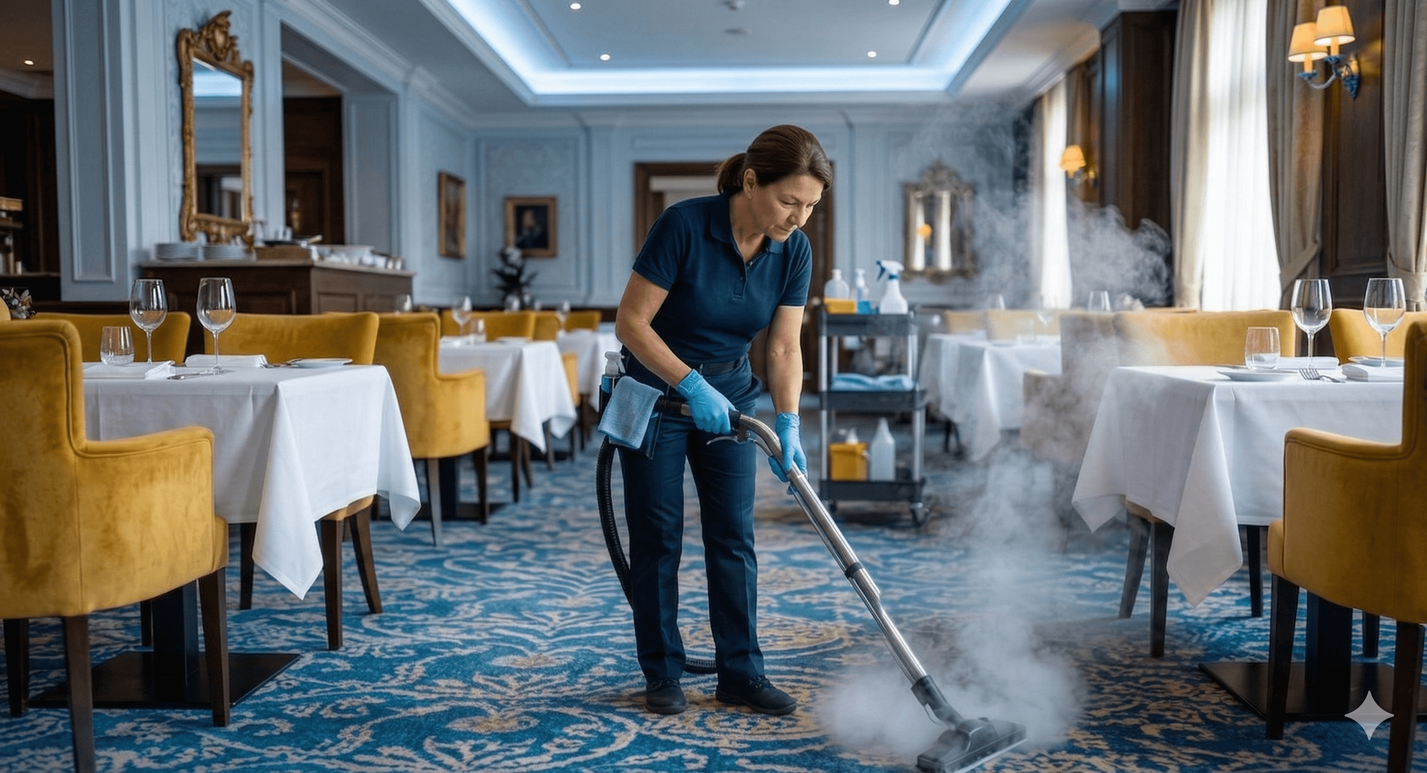 Une femme de ménage utilise un nettoyeur vapeur sur le tapis d'un restaurant de luxe.