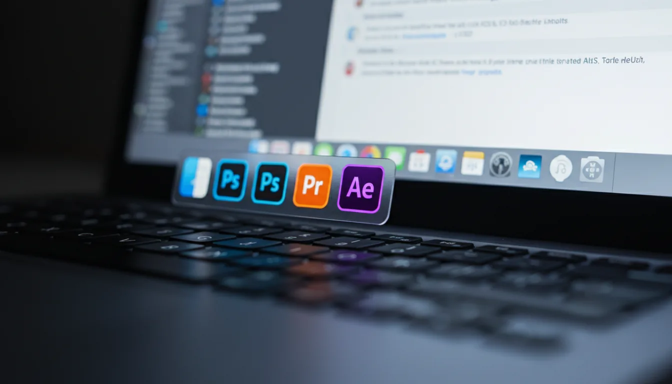 DSLR macro photograph of a modern laptop, low-angle extreme close-up. The shot is tightly focused on the glowing software icons on the macOS dock, specifically the Adobe After Effects icon which is perfectly sharp. An extremely shallow depth of field creates a heavy bokeh effect, blurring the dark keyboard in the foreground and the bright white user interface on the screen in the background. The lighting is dim and cinematic, with the screen as the primary light source, creating a moody and professional atmosphere.