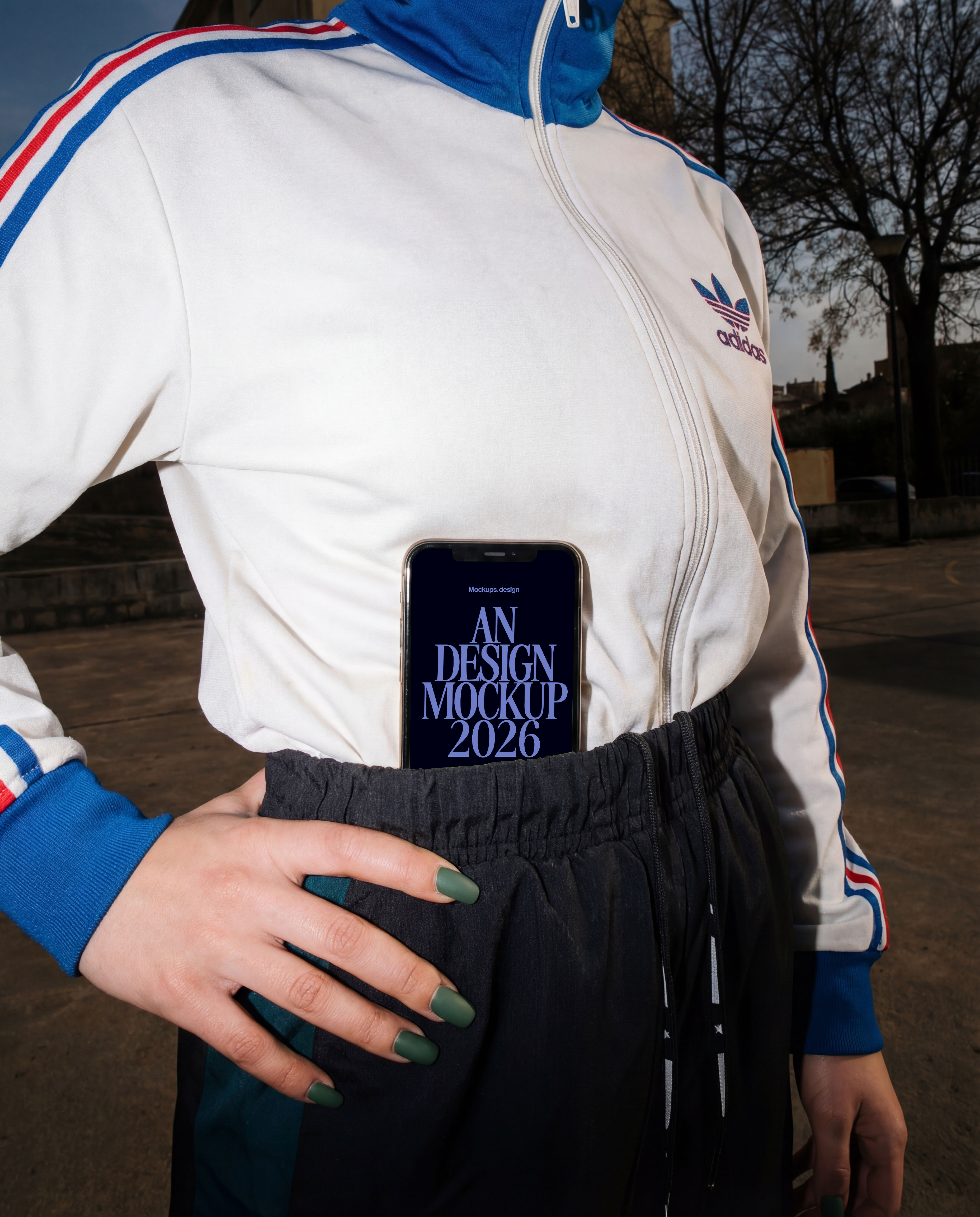 Woman holding iPhone 16 mockup during sports activity