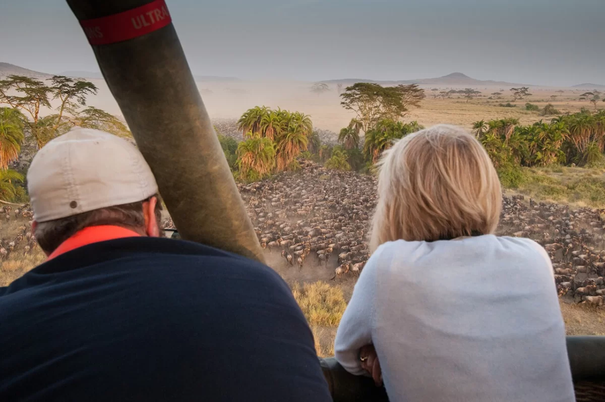 The Serengeti migration seen from a hot-air balloon.