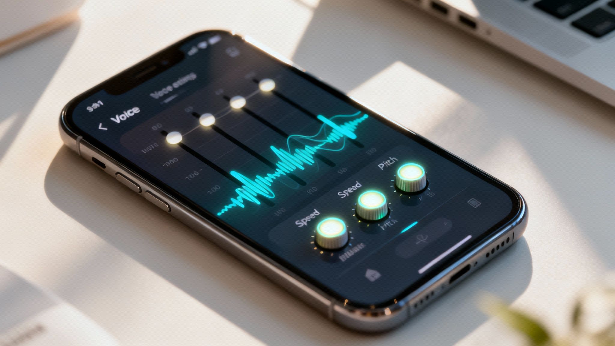 Alt text: Speak4Me – a person using headphones to listen to text being read aloud, with app settings visible for customization.