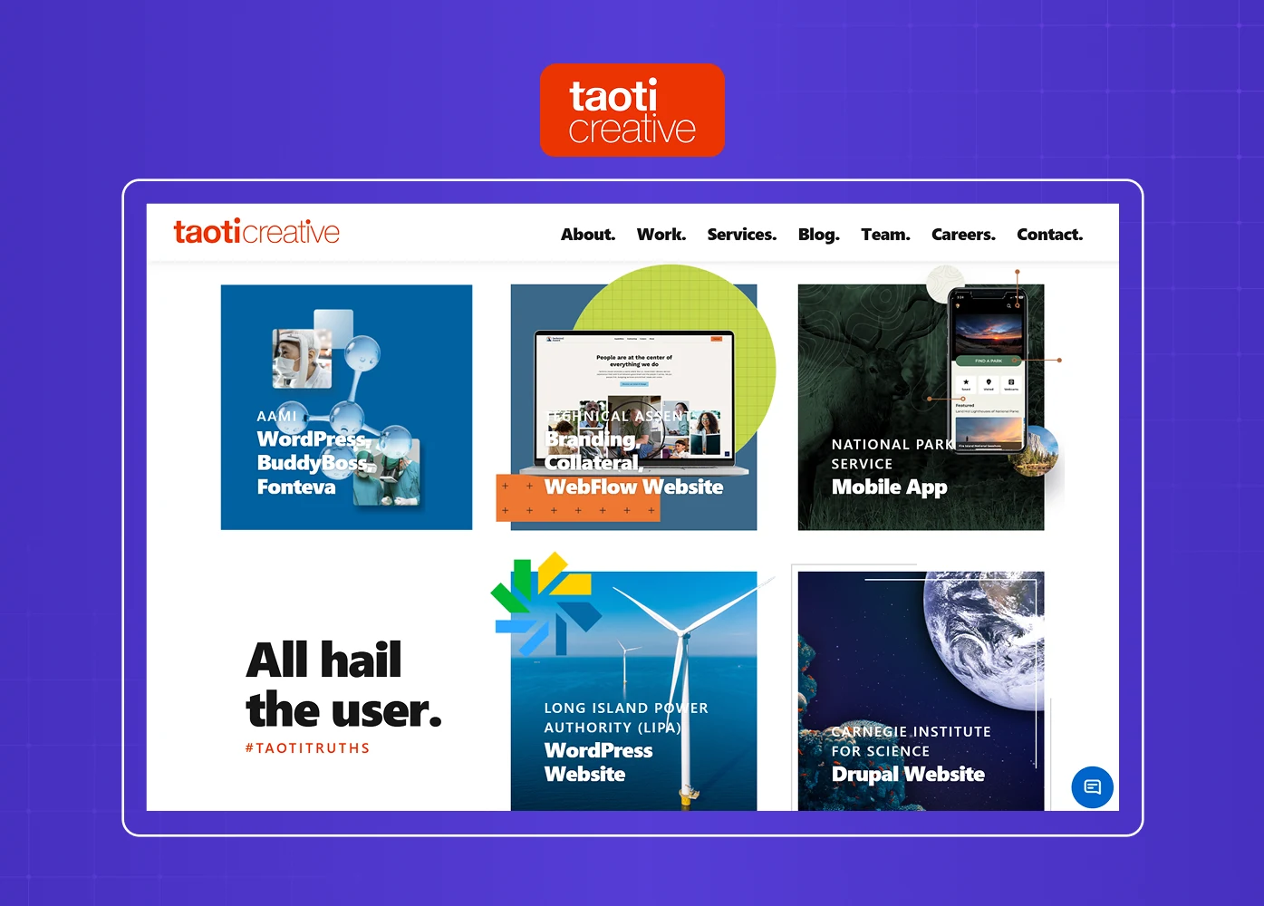 The Taoti Creative portfolio uses a colorful grid layout to showcase website and mobile app projects across multiple industries. 