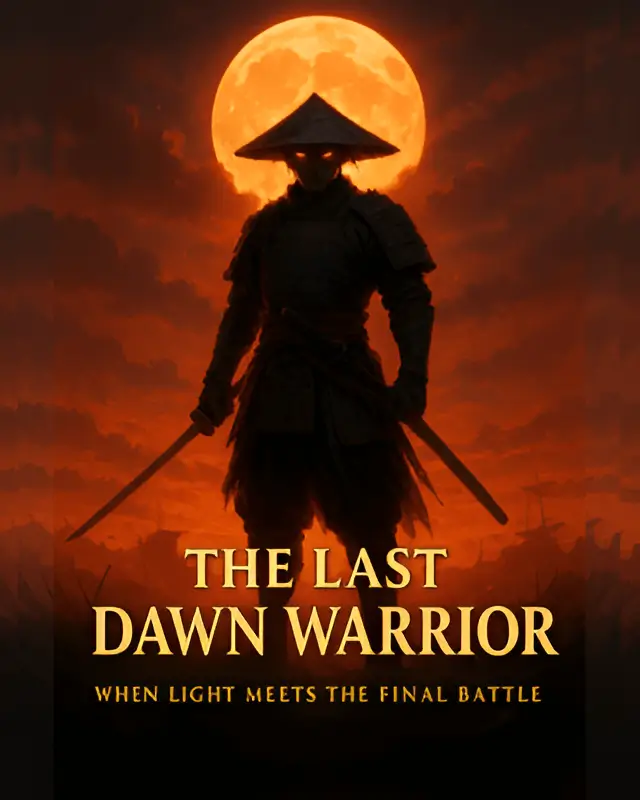 AI-generated "The Last Dawn Warrior" fantasy action character poster featuring silhouetted warrior with dual swords and giant glowing moon background, "When Light Meets The Final Battle" tagline by Mahendra