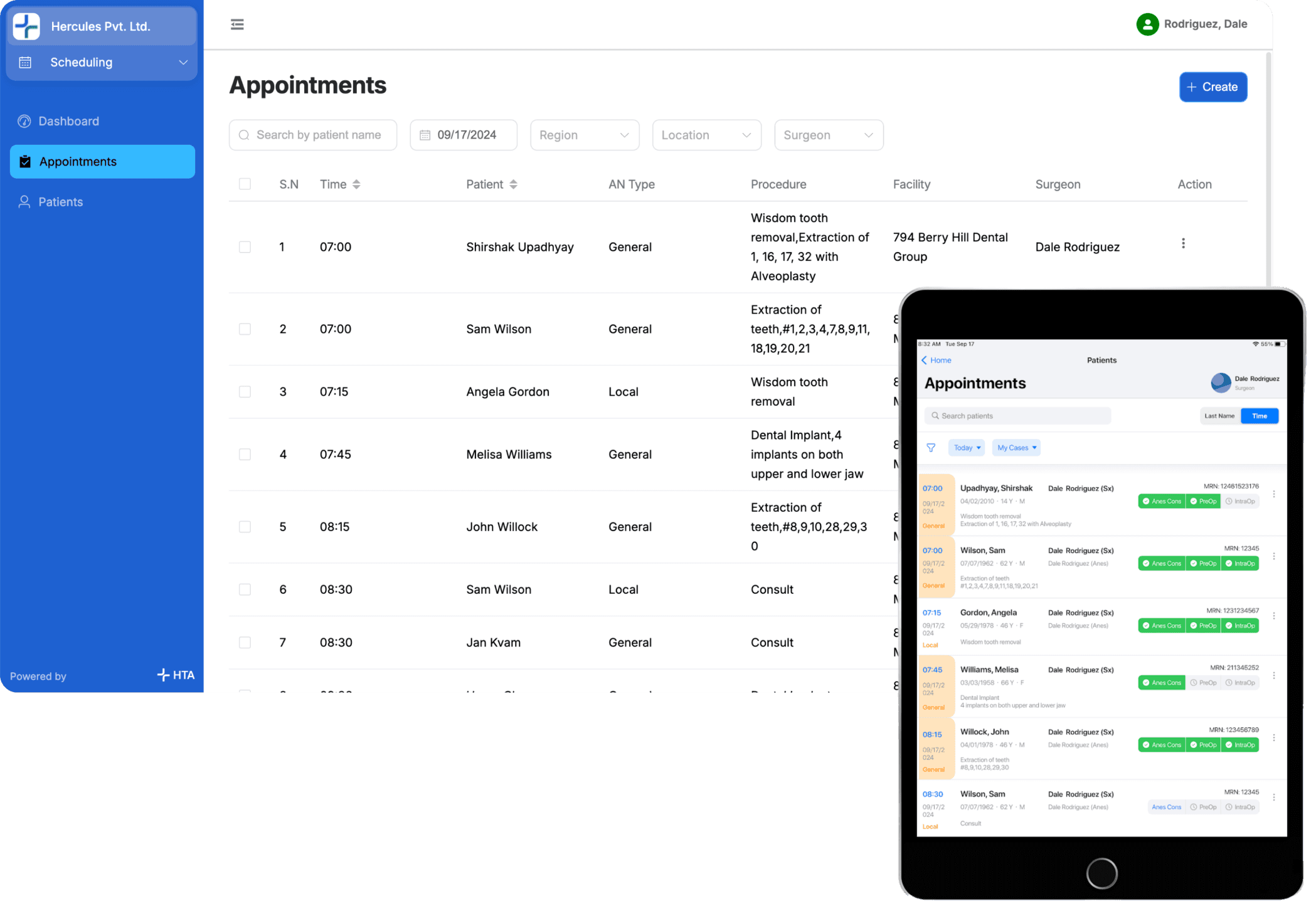 Screenshot of Hercules Dental Anesthesia Platform: Appointments screen