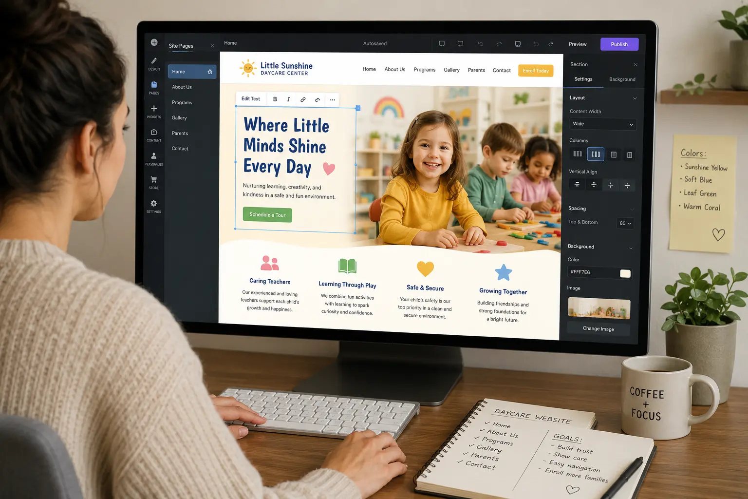 a woman sits at a computer designing a website for a daycare center