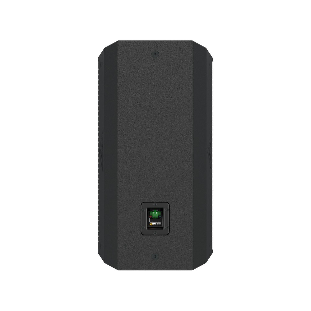 Black speaker with metallic input on the back