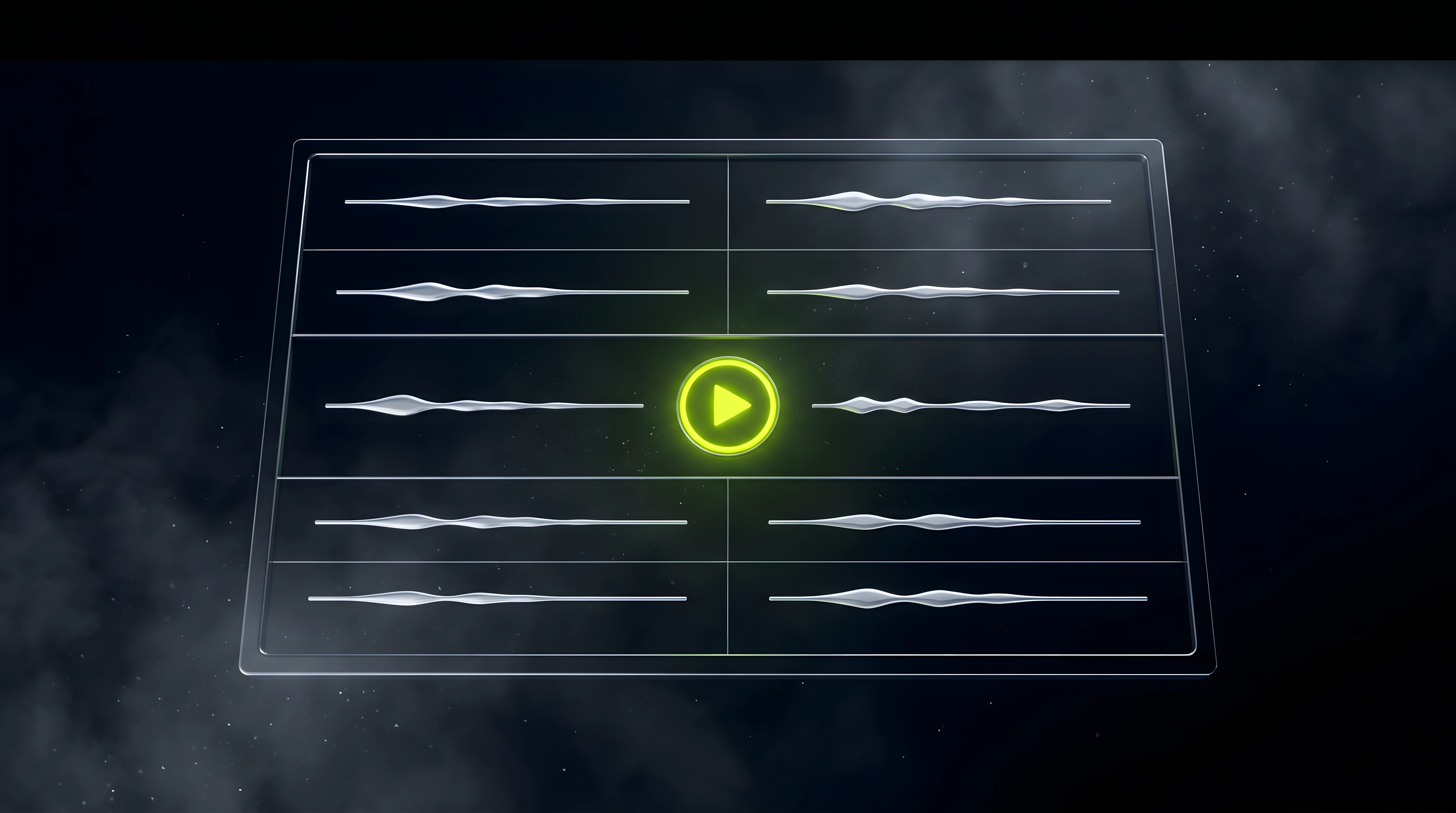 Minimal dark interface mockup of an interactive audio guidelines page with embedded players and a single toxic lime play control, Bioluminescent Noir aesthetic.
