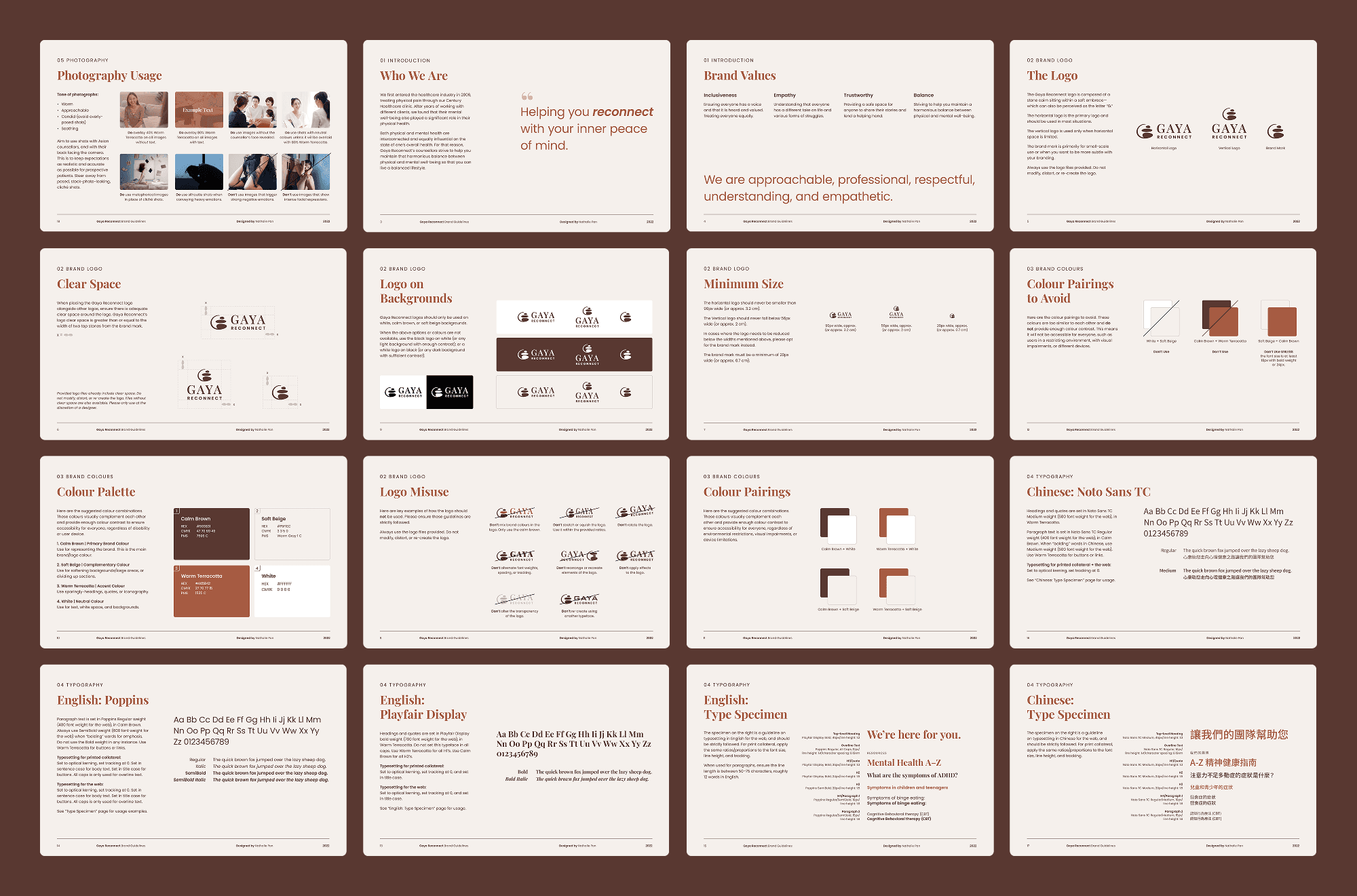 Gaya Reconnect brand guidelines covering logo usage, colour applications, and typography hierarchy