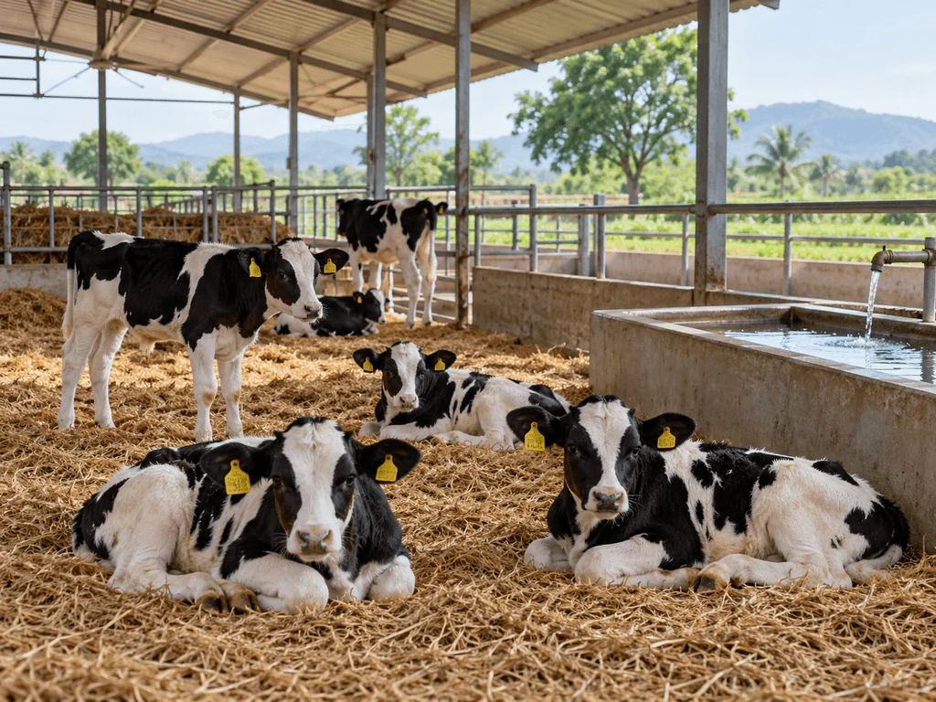 Holstein calves resting in a clean airy barn