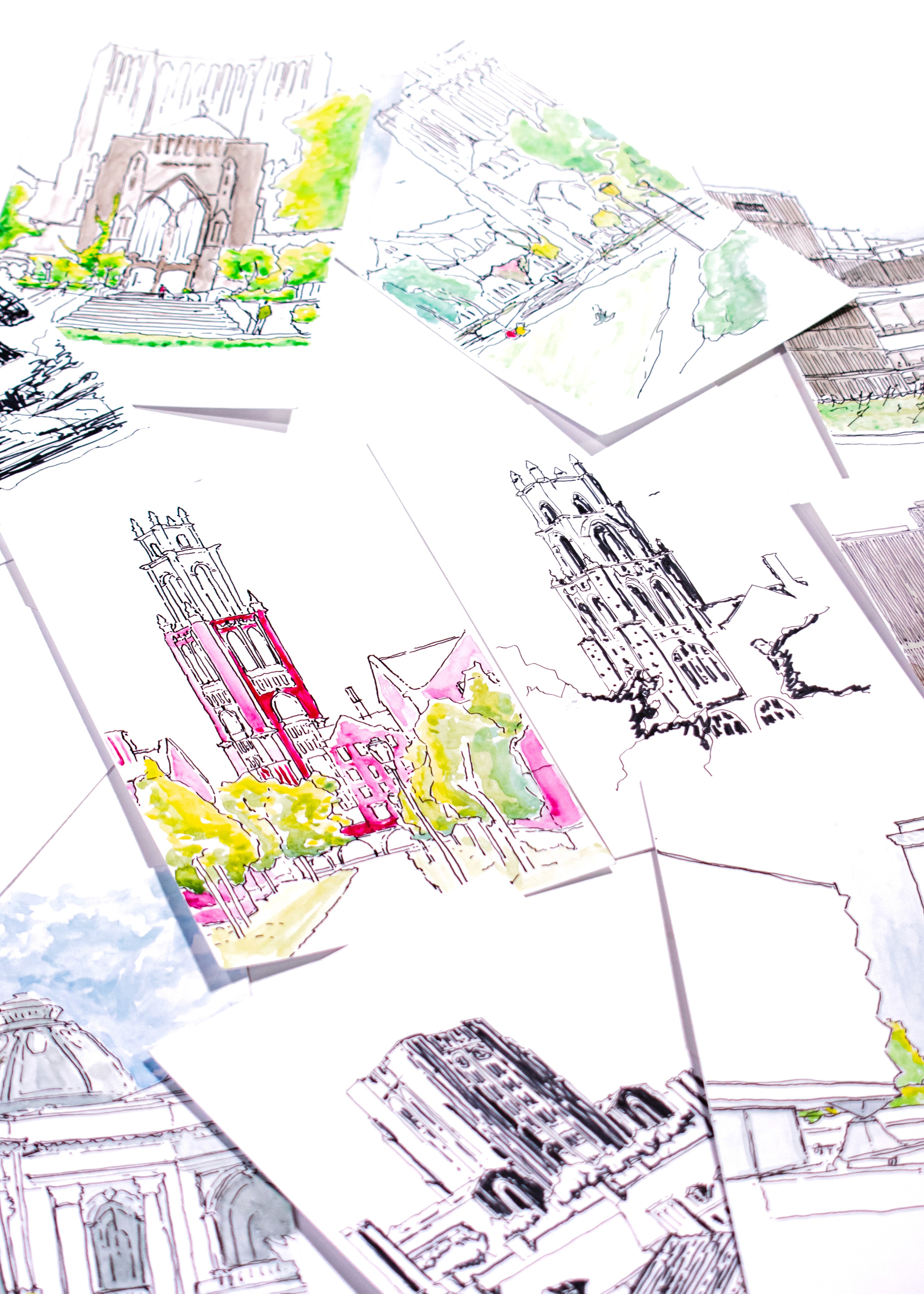 Pen and watercolour sketches of the Paul Murray College.