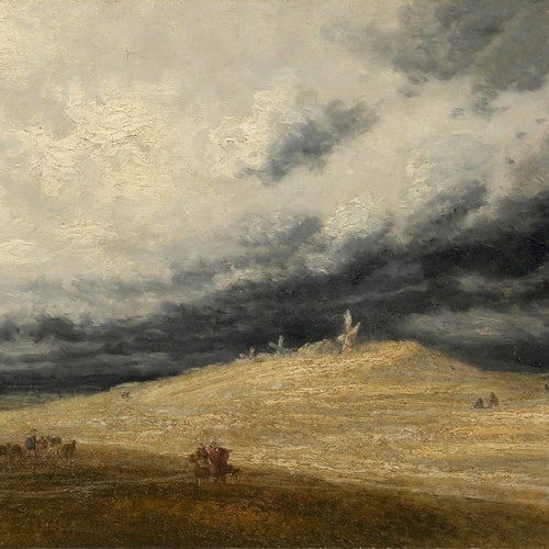 一幅廣闊而陰鬱的景觀，上方飄著黑雲，地勢起伏的土地上散佈著小型人影騎著馬。