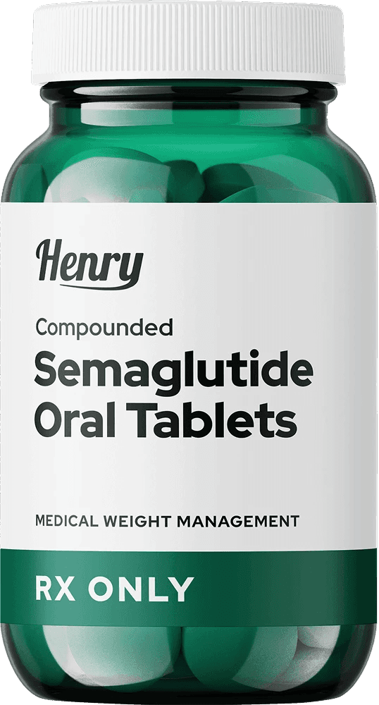 Green bottle of Henry compounded Semaglutide oral tablets with a white cap.