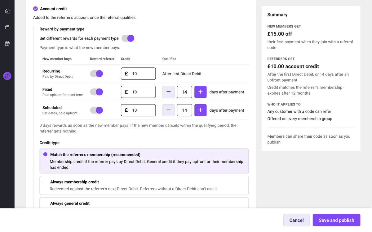 Referral offer form with a separate account credit reward for Recurring, Fixed and Scheduled payments