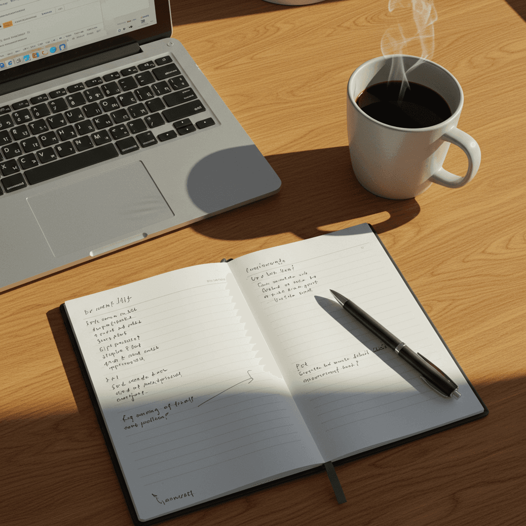 A notebook in front of a laptop and cuppa