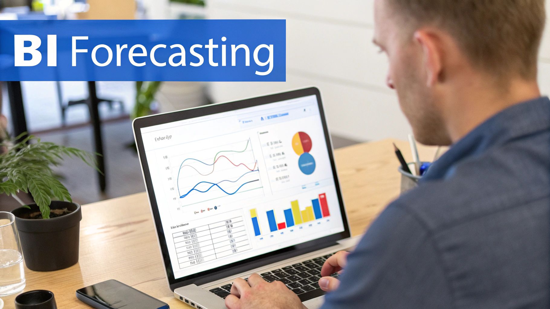 Man uses laptop to analyze BI forecasting data with graphs and charts on a desk.