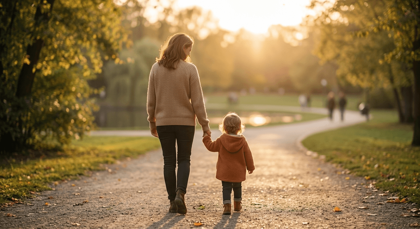 Mother and child walking together after family law settlement