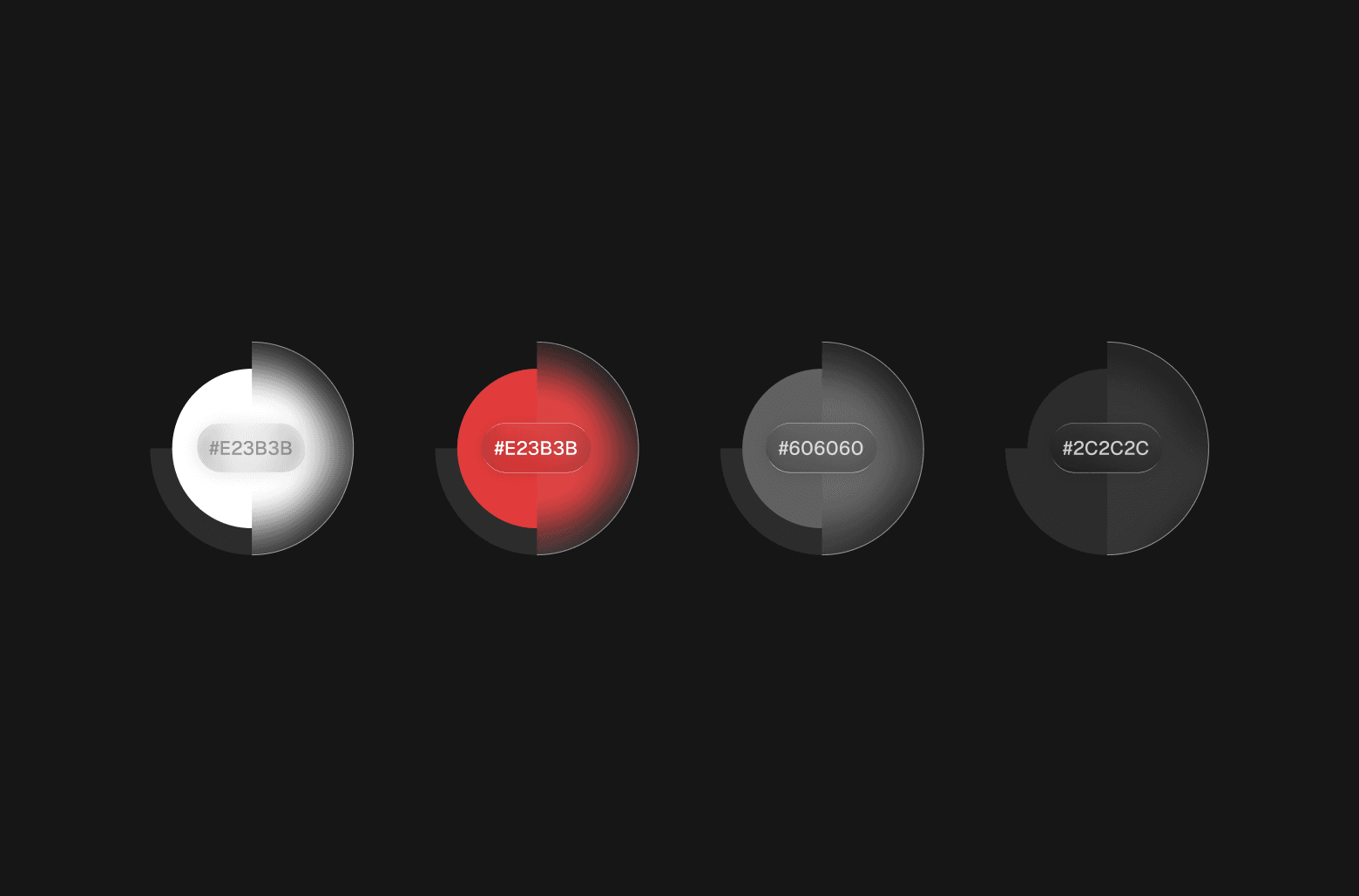 Brand color palette with four circular swatches showing light gray, red, gray, and dark gray colors.