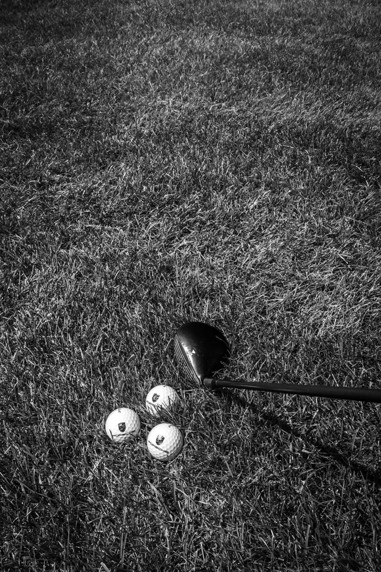 Golf clubs and golf balls on grass