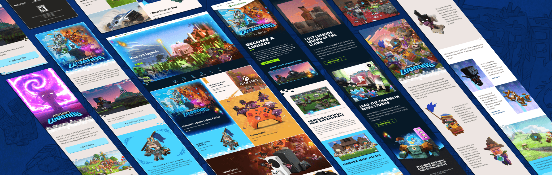 A collage of desktop and mobile marketing images for Minecraft Legends