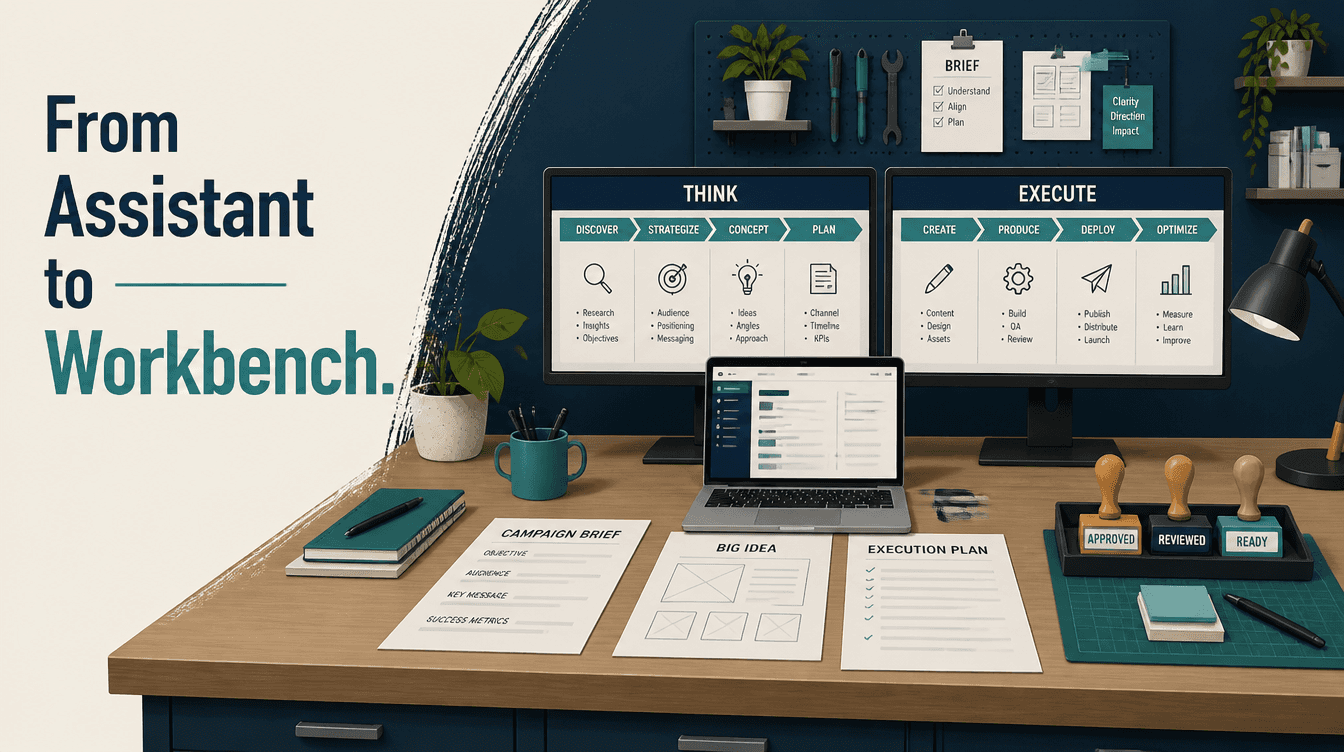 Marketing desk as a workbench: Think and Execute lanes, not a chatbot