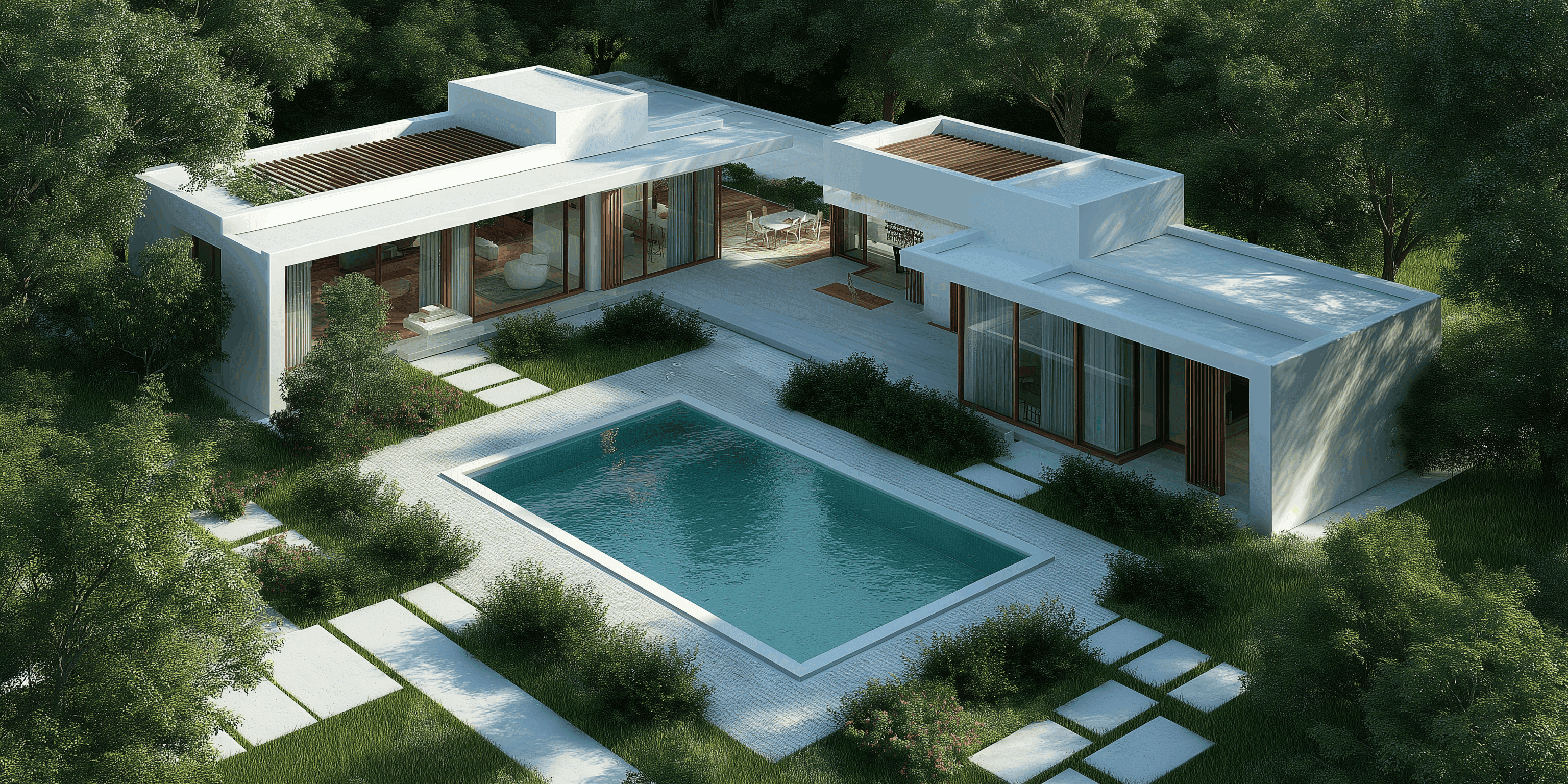A high-angle shot of a contemporary single-story home with a flat roof and minimalist white exterior. The house is nestled within a dense grove of trees. A bright turquoise pool is the focal point of the courtyard, connected by geometric stone pavers and surrounded by low-profile landscaping. Large glass windows and wooden accents are visible on the house's facade.