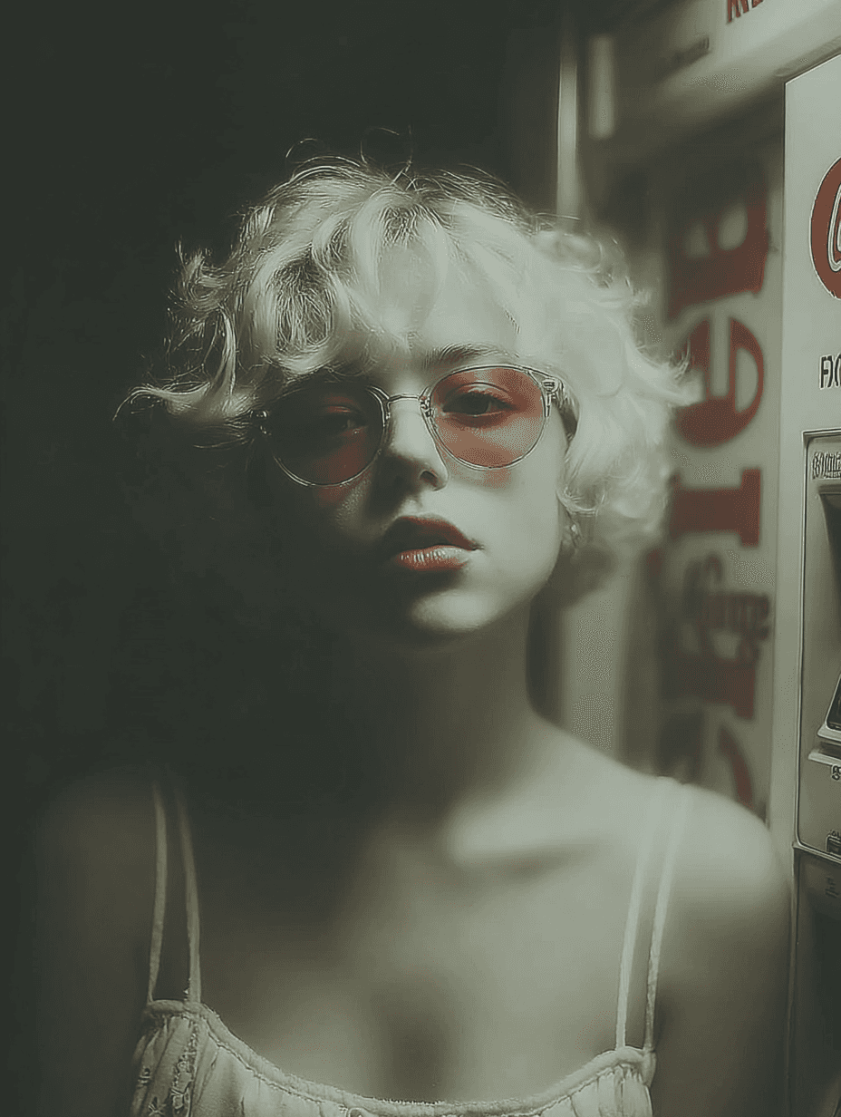 A woman with short platinum blonde curls and red-tinted sunglasses stands beside a vending machine, dimly lit by its fluorescent glow, with a vintage, moody atmosphere.
