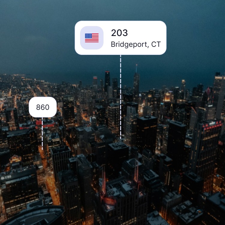 City skyline of Bridgeport showing the 203 area code and surrounding area codes