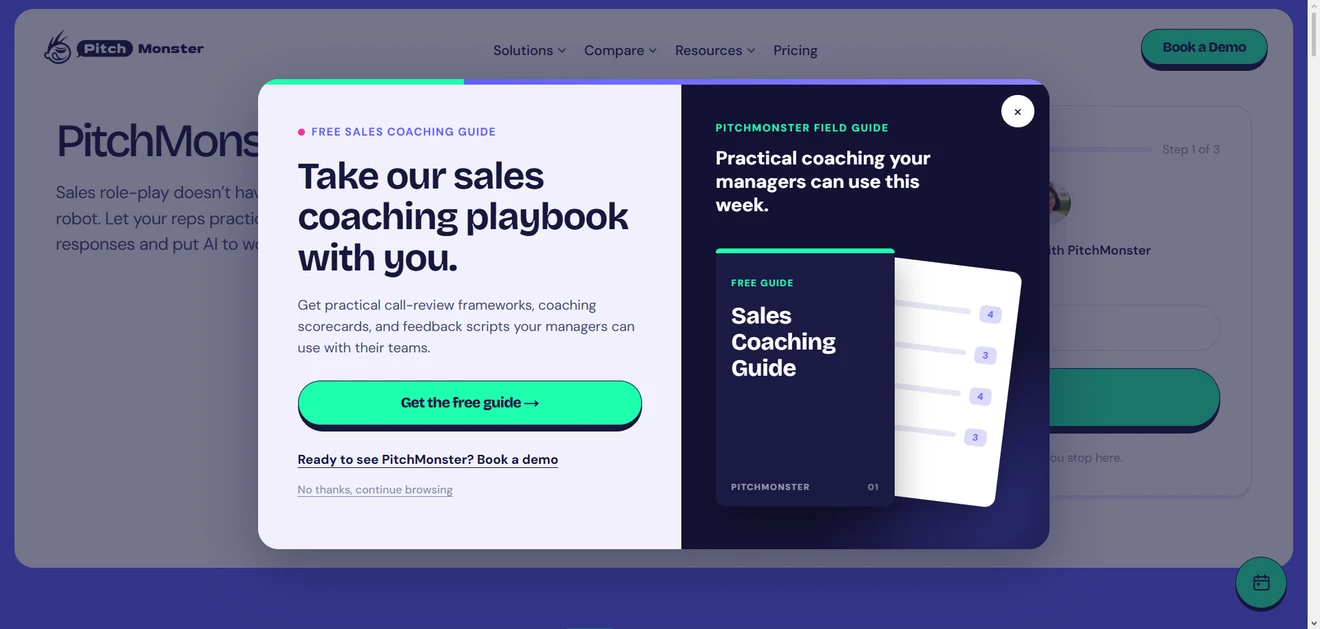 PitchMonster popup promoting a free sales coaching guide for sales managers