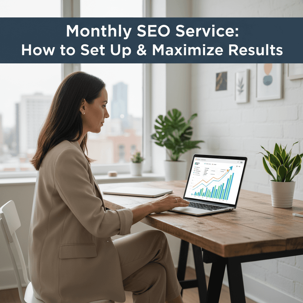 Small business owner reviewing monthly SEO service analytics dashboard showing traffic growth